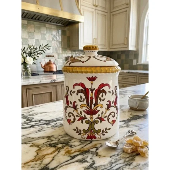 Pier 1 Earthenware Oralia Mediterranean Floral Discontinued Ceramic 11”Canister