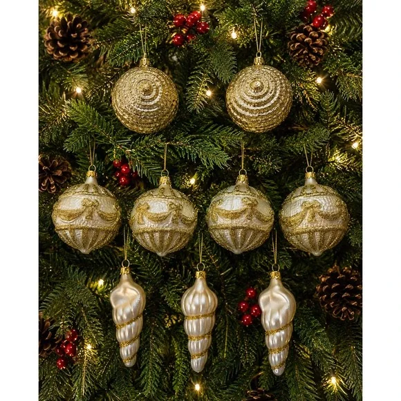 Pier 1 Set of 9 Glass Christmas Ornament Set Gold Glitter Balls Conch Shells