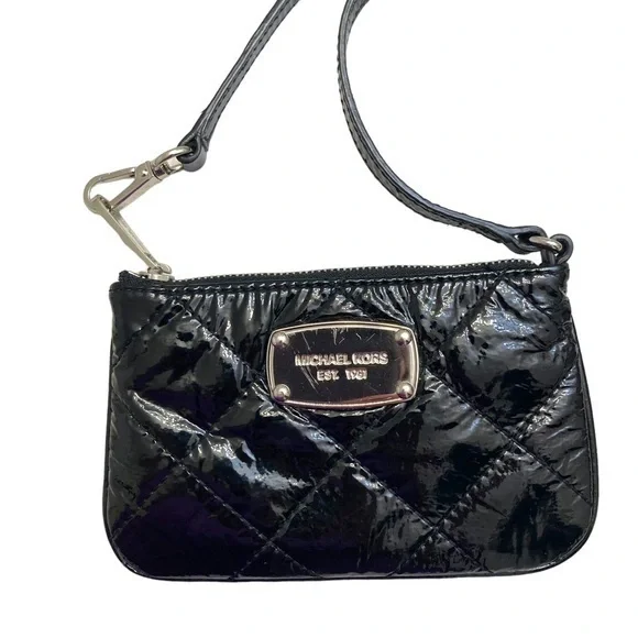 Michael Kors black patent quilted leather wristlet mini bag