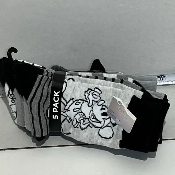 Disney Men's Black Light Gray Mickey Mouse‎ Crew Socks 5 Pairs Size 10-13 NWT