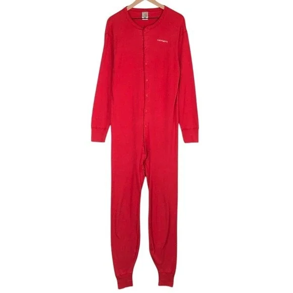 VTG CARHARTT K12 Cotton‎ Union Suit Men's XL Red Long Sleeve One Piece Thermal