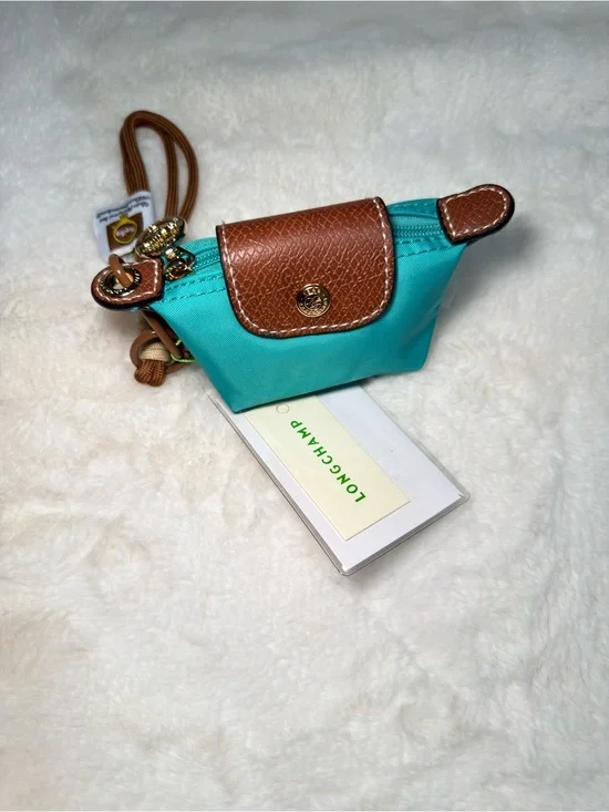 Longchamp Small Teal Nylon Wristlet with Brown Leather Trim