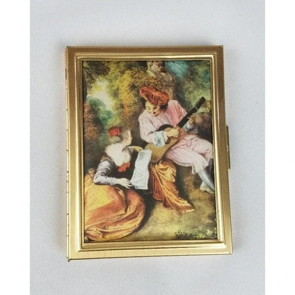 Vintage Renaissance style hinged metal photo case album padded fabric cover