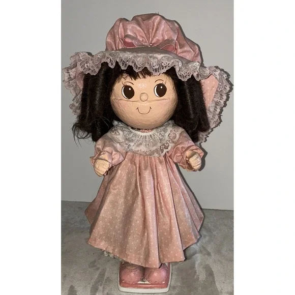 Paper Mache Girl‎ Doll Pink Polka Dot Dress Bonnet Hat Handmade Vintage *dust