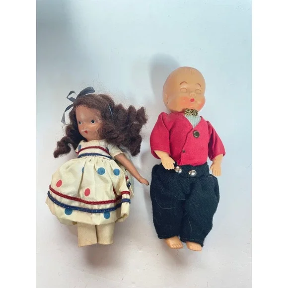 Vintage Hard‎ Plastic Miniature Dolls Pair Nancy Ann Girl Boy Red Jacket