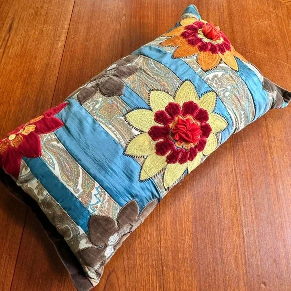 Pier 1 Floral Embroidered Velvet Accent Pillow 12x22 Boho Eclectic Maximalist