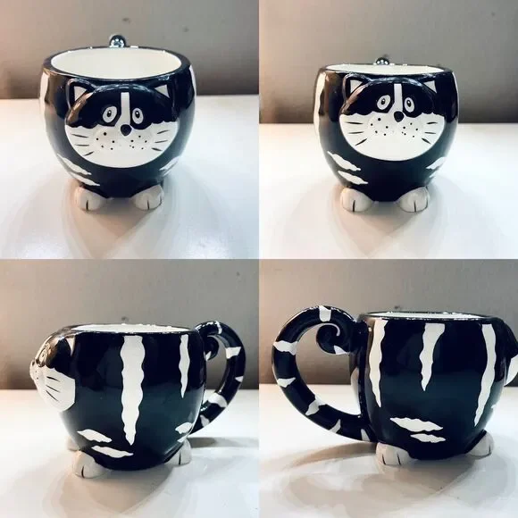Chubby Cat Mug Pier 1 Hand Painted Dolomite‎ Black & White Striped Coffee Cup