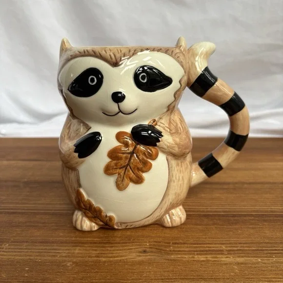Pier 1 Raccoon Mug Hand Painted Dolomite Autumn Leaves Woodland Coffee Cup Cute