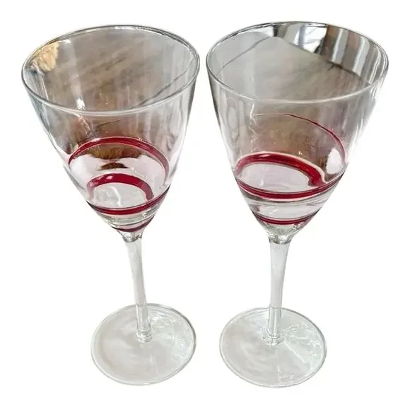 2 -Pier One 1 Red Swirl Line 12oz Wine Glasses Goblets Retired HTF 9 1/8”‎ EUC