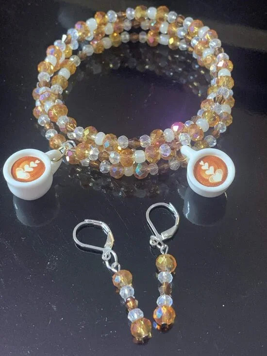 'Coffee is Love' Handmade glass coil bracelet and earring set