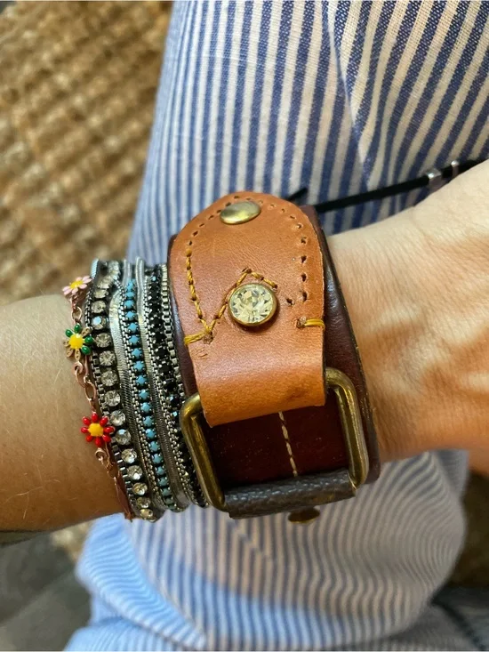 Leather Wrap Bracelet with Brass Buckle - Tan & Brown upcycled from an LV BAG
