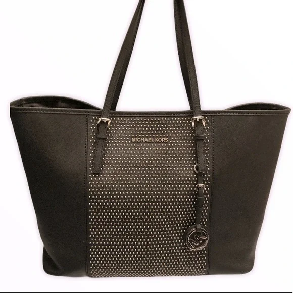 Michael kors black leather micro studded tote bag