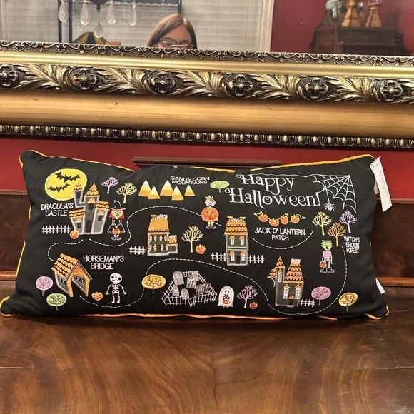 Isaac Mizrahi Halloween Pillow NWT‎ Embroidered Spooky Village Lumbar Black