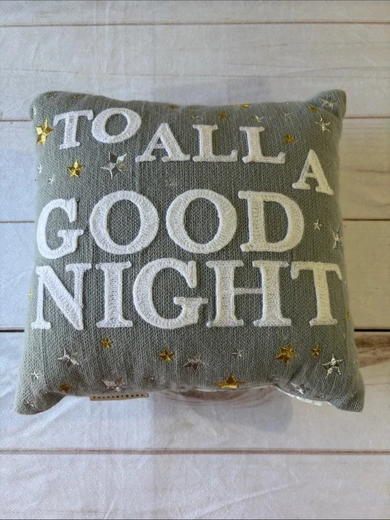 Pottery Barn Gray Holiday Pillow with White Lettering and Metallic Stars