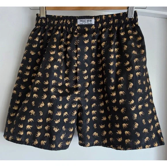 Thai Silk by Apple Mens Elephant Print Boxer Shorts Black Gold Size M Loungewear
