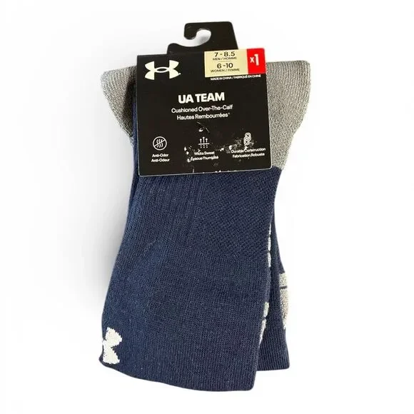 Under Armour Men's Athletic Socks Navy/Gray cushioned over the calf size 7-8.5