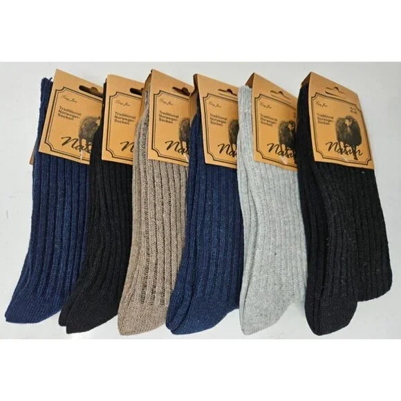 Men Wool Blend Socks, Norweger Warm Winter Boot Casual Thermal Crew Sox, 6 Pairs