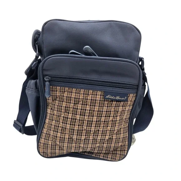 VTG Eddie Bauer Diaper Bag Blue Brown Plaid Quilted Travel Utility Gorpcore