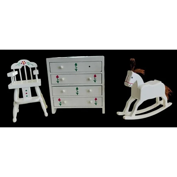 Dollhouse Set Miniature White Drawer Chest High Chair Rock Horse 1:12~‎ 1