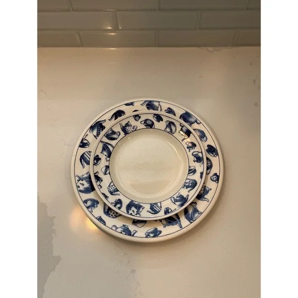 Pier 1 Imports Teapot Blue White Dinner Salad Plate Set England Earthenware