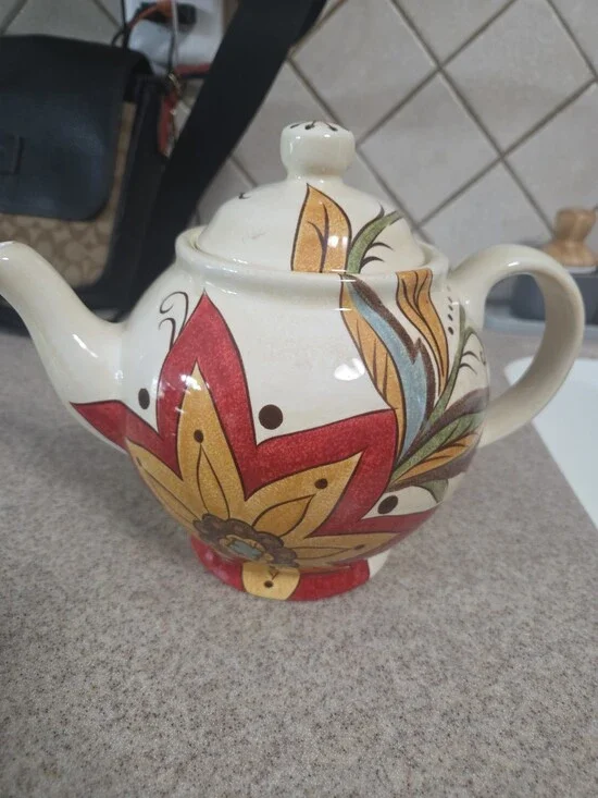 Pier 1 Imports Ceramic Teapot Floral Red Yellow Green Used