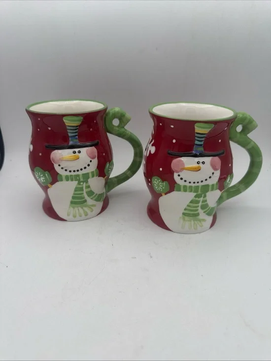 Set of 2 Pier 1 Imports handpainted Snowflake Snowman coffee Cocoa Mug