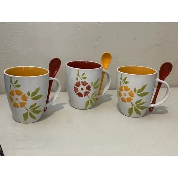 Lot Of 3 Pier 1 Stoneware Coffee Mugs 14 oz  with Spoons Fowers Hand painted