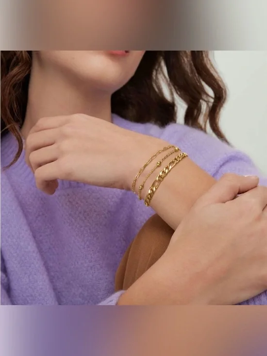 14k Gold Plated Figaro Chain Layered Bracelet