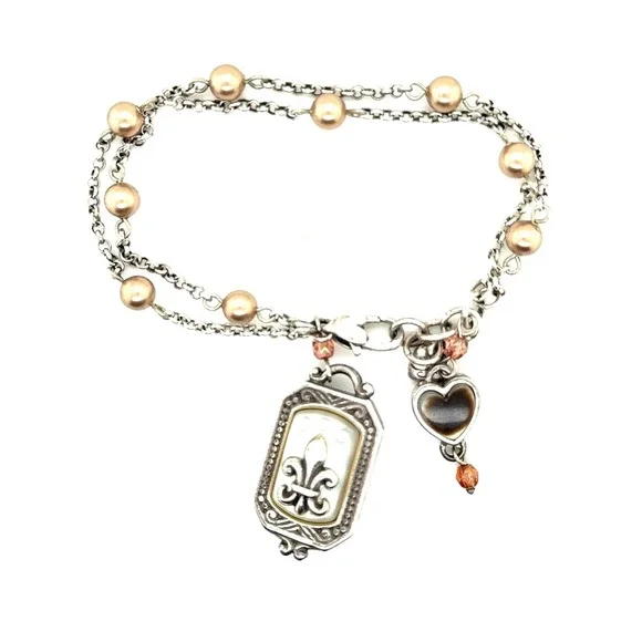 Brighton Fleur-de-Lis Mother of Pearl Heart Charm Pearl Double Strand Bracelet