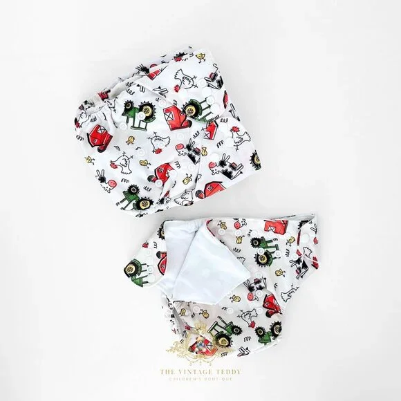 NWT Cute Baby Cloth Diapers Reusable Washable Little Farmer Farm Theme Set of 4