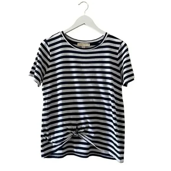 Michael Kors Stripes Front Knot Short Sleeves Soft High Low L # 1373