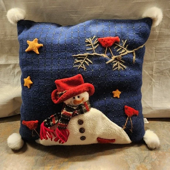 Snowman  & Cardinal Throw Pillow Felt Appliqued Christmas 16x16