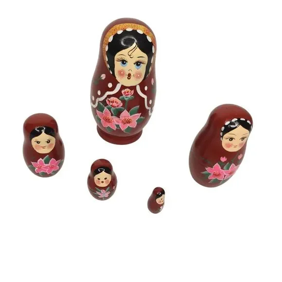 Set Of 5 Russian Nesting Dolls Hand-Painted Floral Design Matryoshka Wooden Figu