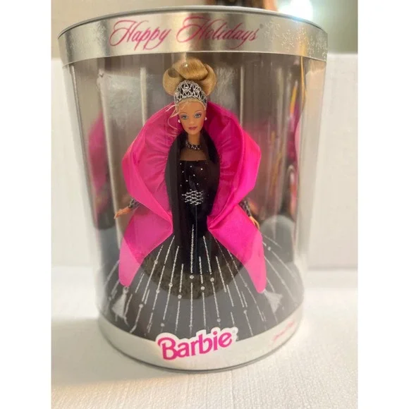 Happy Holidays Barbie Doll 1996 Black Sparkle‎ Gown Pink Cape Tiara Collector