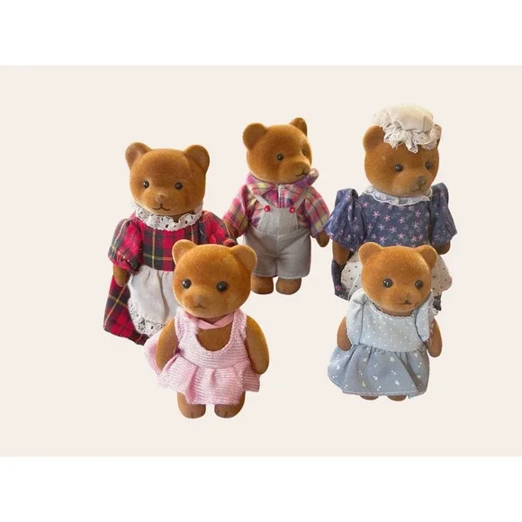 Vintage‎ Applause Flocked Bear Family Set 5 Figures 1980s Retro Toys Brown Red