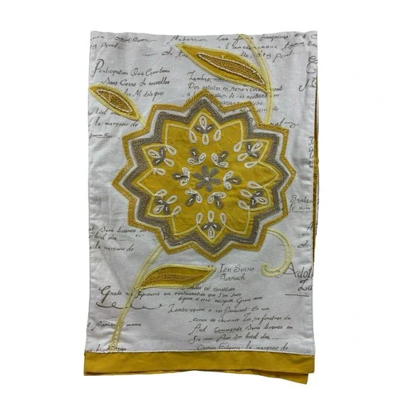 Pier 1 Imports Table‎ Runner Yellow Floral Embroidered With Writing 13in x 72in