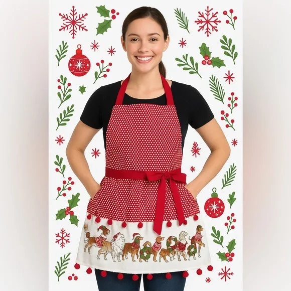 Pier 1 Imports Christmas Dogs Apron Red Polka Dot Holiday Kitchen Cotton Pom Pom