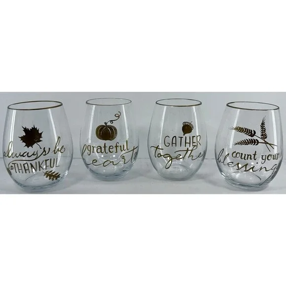 Pier 1 Imports Fall Stemless Wine Glasses Set of 4 Thanksgiving Hand Painted NIB