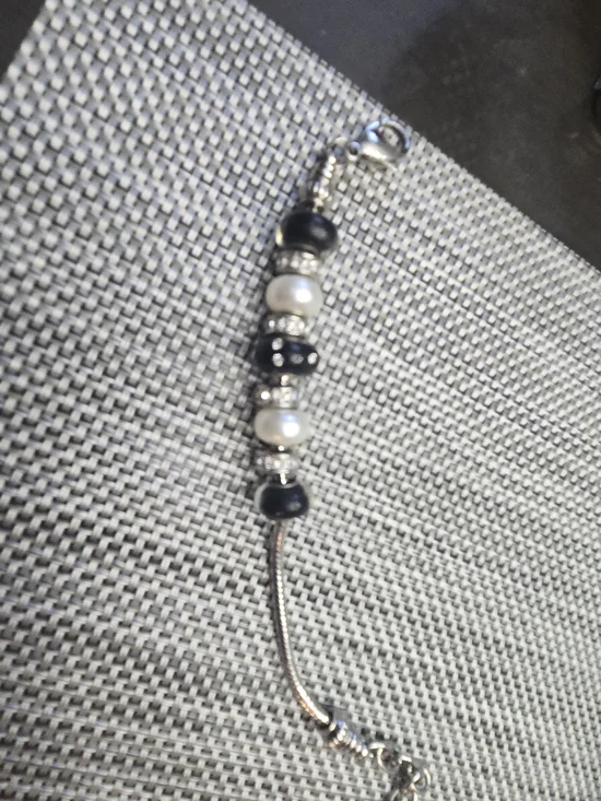 Sterling Silver Black and White Bead Charm Bracelet