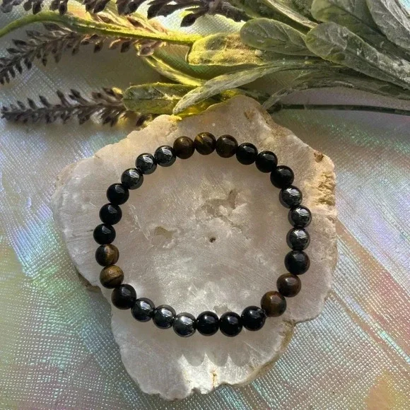 Handmade Black Obsidian + Hematite + Tiger’s Eye Protection Grounding Bracelet🖤