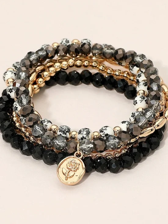 5PC Flower Charm Beaded Stretch Bracelet Stack Boho Layered Gold Tone