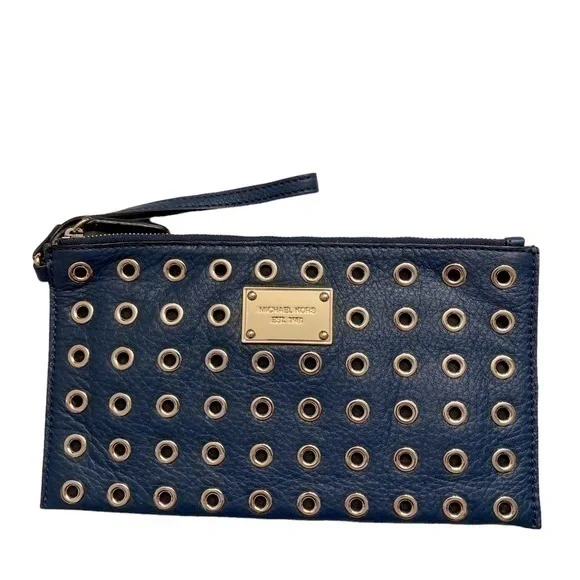 Michael kor large blue leather gold grommet wristlet bag