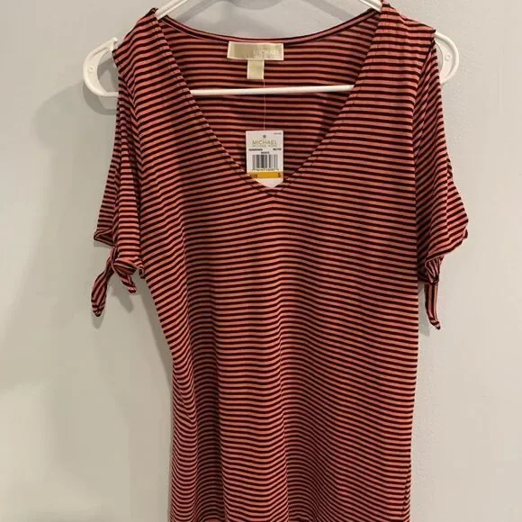 Michael Kors Salmon and Black Striped V-Neck Tee