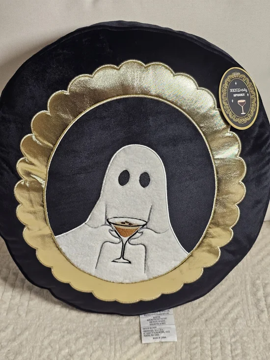 Spooky Ghost Cocktail Round Holiday Pillow - Black and Gold