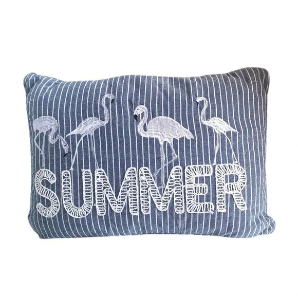 SECRET CELEBRITY 15” X 21” Blue White Decor pillow embroidered Summer Flamingos
