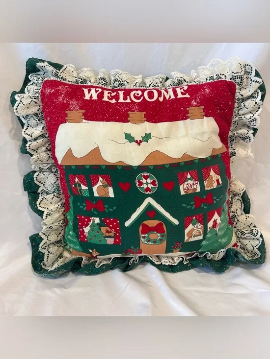 Handmade Christmas Welcome Cottage Pillow 16”