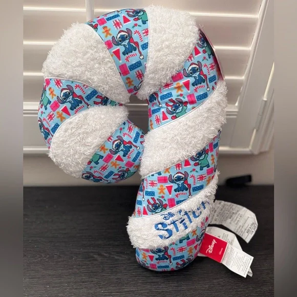 NWT Disney Stitch Candy Cane Blue & White Christmas Present Plush Pillow