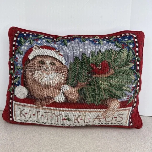 Vintage Embroidery Needlepoint‎ Tapestry Christmas Kitty Klause Cat Red Pillow