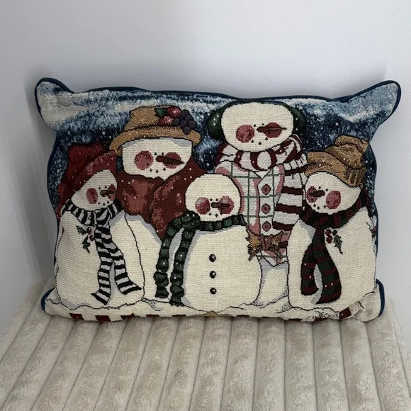 Vintage Snowman Family tapestry accent pillow Holiday Christmas Decor 17” x 12”