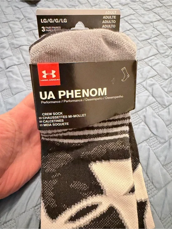 Under Armour UA Phenom Crew Socks - Black & Gray, Three Pack Size L